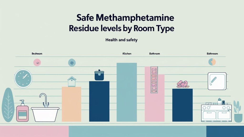 Create an infographic titled: “Safe Methamphetamine Residue Levels by Room Type” Style: Clean, minimal, health-safety focused. Use soft backgrounds with bold icons and clear typography. Include a short subtitle: “Meth residue can affect your health. These are the recommended safe limits by room type.” Main layout: Use a grid of 6 icons, each showing: Room type (e.g., Bedroom, Kitchen, HVAC) A simple icon for the room Safe limit in µg/100cm² Safety color (green = safe, red = caution) Example values: Bedrooms: