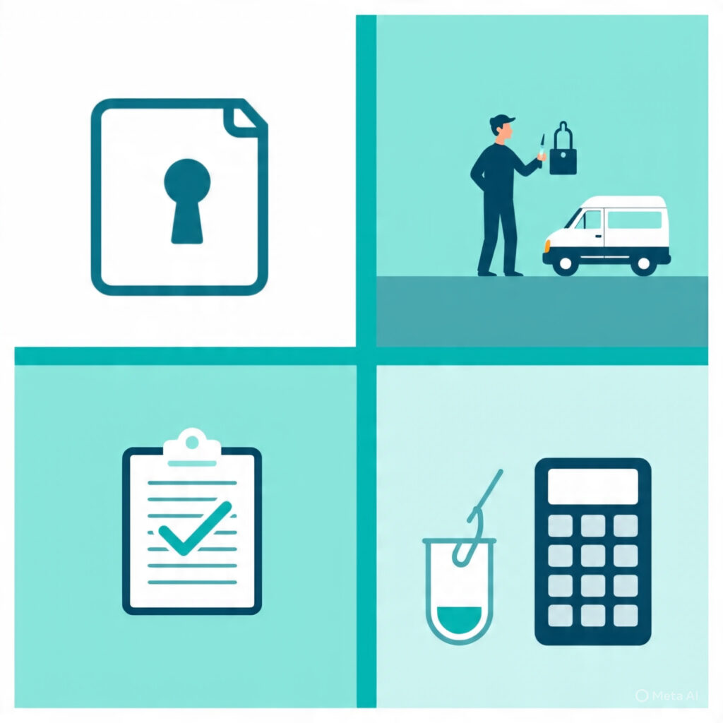 A clean, modern composition featuring a split-screen or grid layout that represents four core values: confidentiality (locked file or shield icon), mobile service (van or technician arriving at home), certified lab testing (clipboard or test tube with a checkmark), and affordability (calculator or transparent pricing tag). Style: flat vector or semi-realistic illustration with soft shadows. Colors: cool blues, teal, and white to match a clinical, trustworthy brand.
